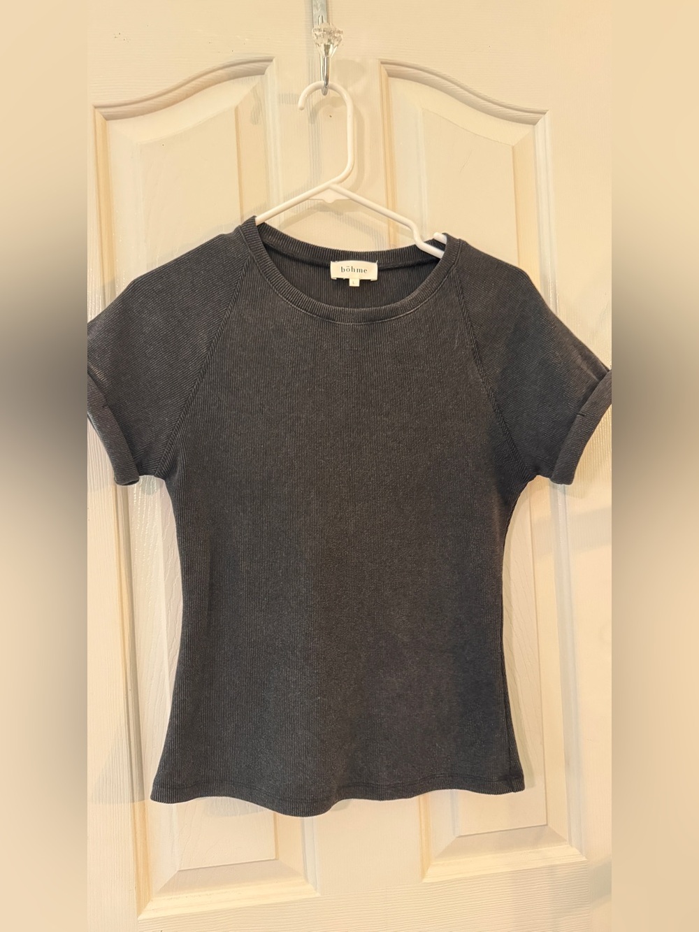 bohme Short Sleeve Crew Neck Knit Top in Charcoal